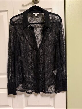 Bar III Sheer Black Lace Button-Front Blouse